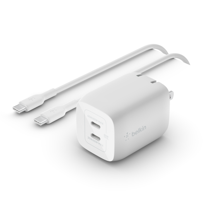 Belkin 65W Dual USB-C Power Delivery PPS Wall Charger + 2M USB-C Cable Bundle